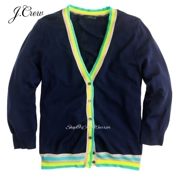 J.Crew NWT navy lightweight v-neck cardigan with neon striped trim - Picture 2 of 11